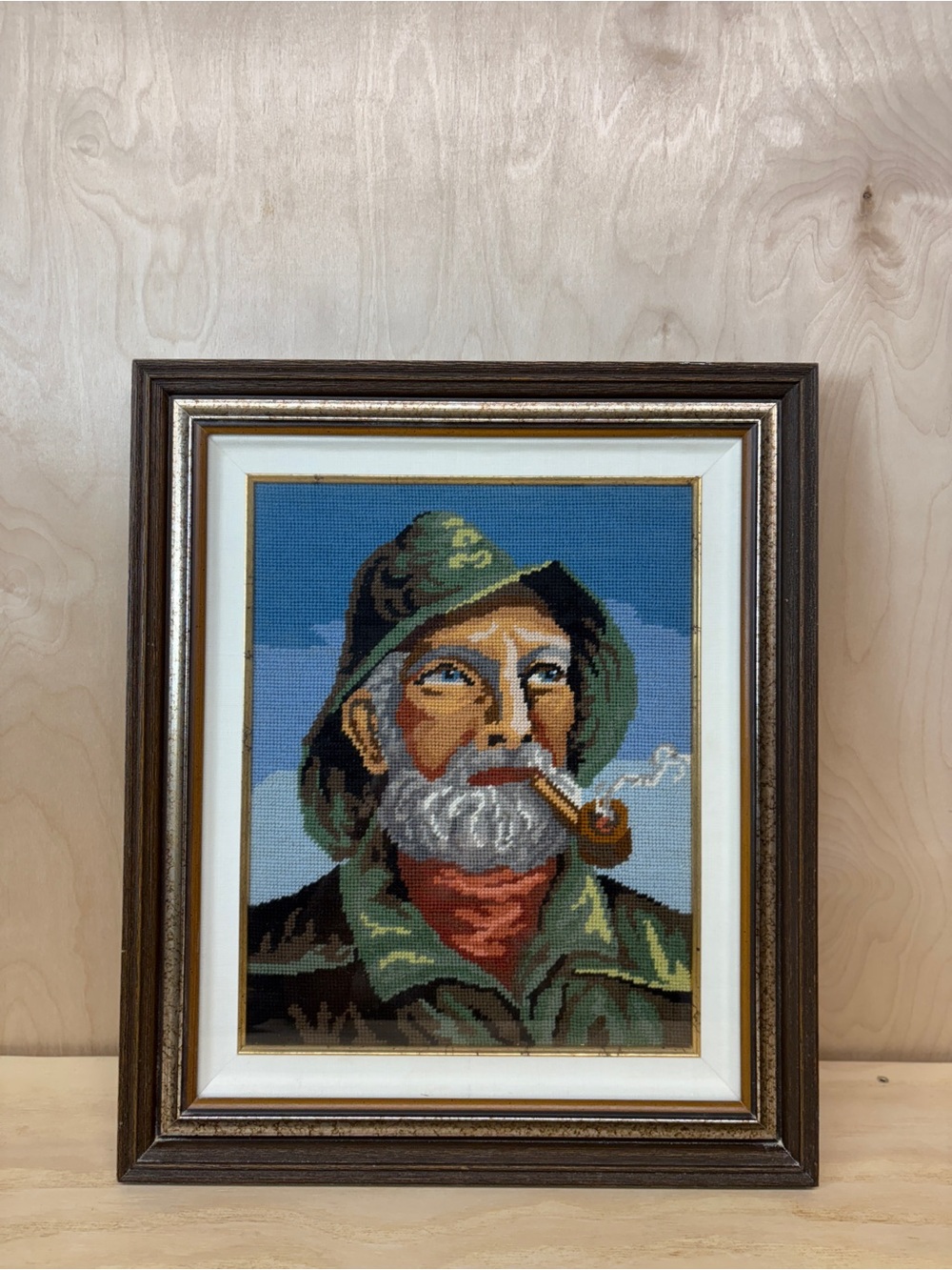 Framed Needlepoint Fisherman Portrait in Green and Blue